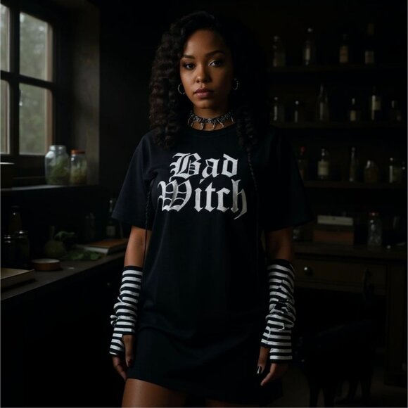 Bad Witch Graphic Tee W/ Gothic Print & Striped Arm Warmers – Trickz N Treatz - Picture 3 of 8